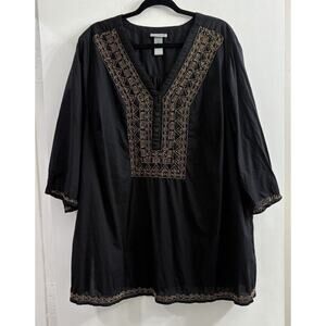 Catherines Tunic Top Shirt Blouse Size‎ 3X Black Gold Beaded Embellished Cotton